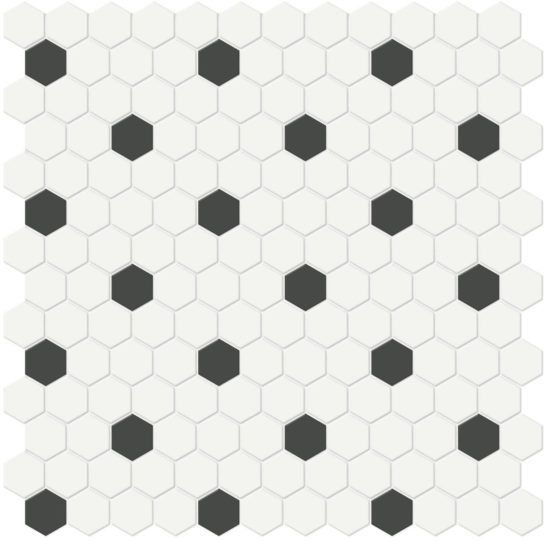 1" White w/ Retro Black Matte Hex Mosaic | Young Interiors Flooring Center