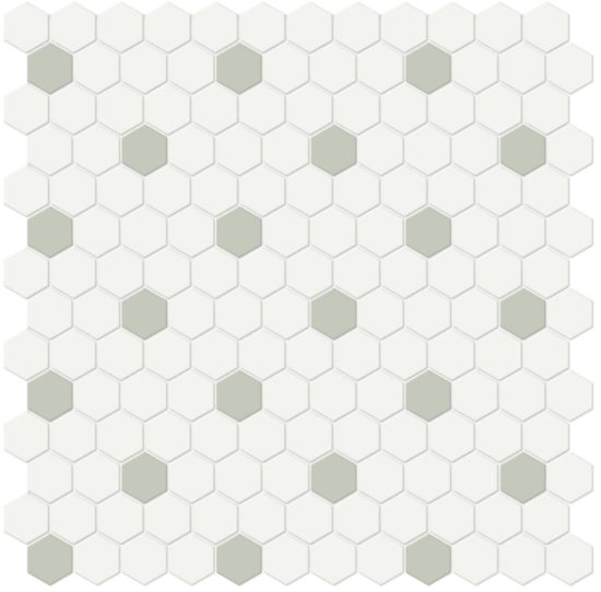 1" White w/ Soft Sage Matte Hex Mosaic | Young Interiors Flooring Center
