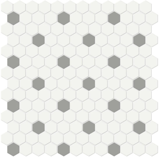 1" White w/ Taupe Matte Hex Mosaic | Young Interiors Flooring Center